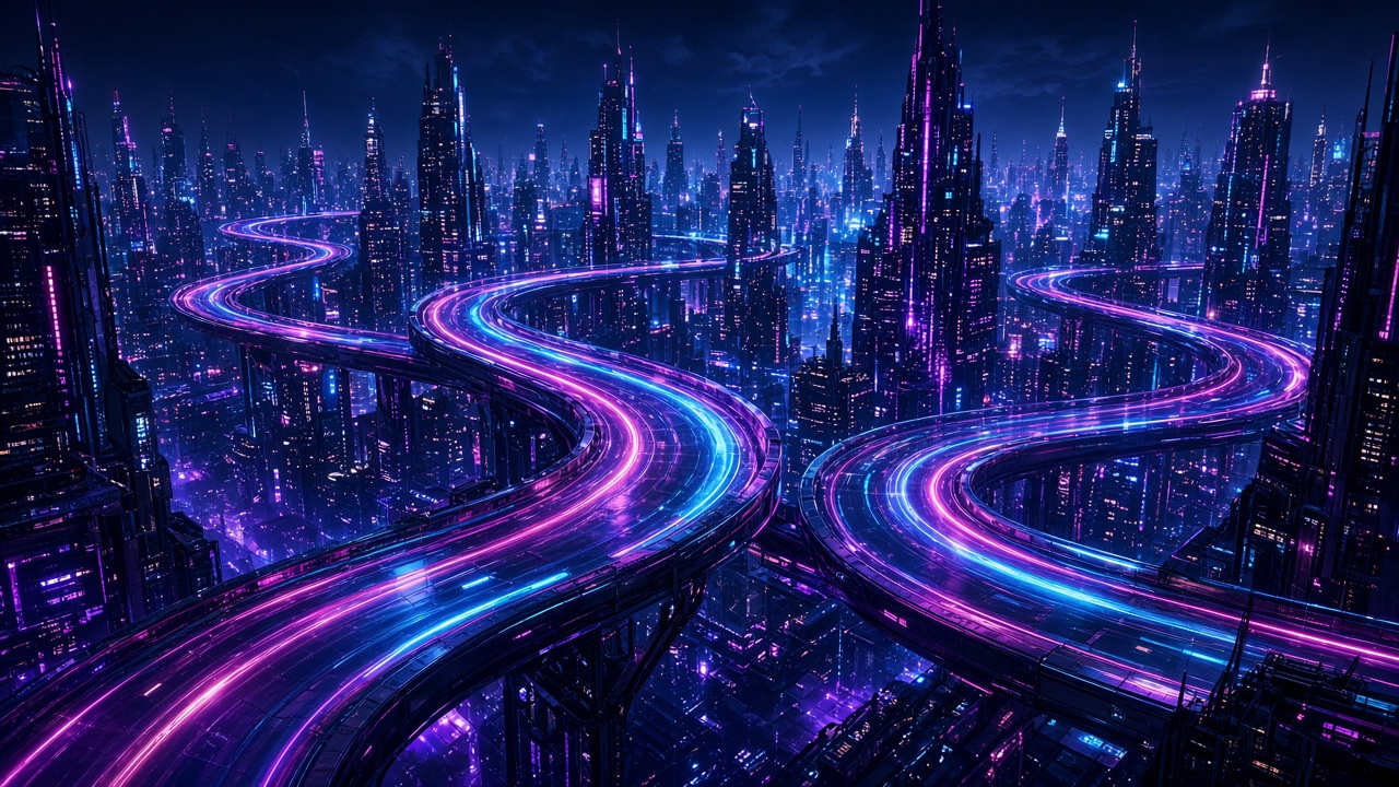 Futuristic anti-gravity race track twisting through a neon city at night, light trails, no logos, original AI gaming wallpaper