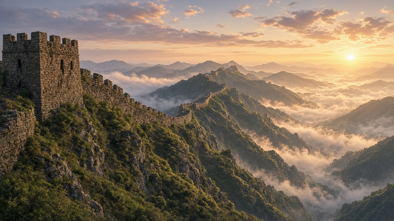 Ancient stone wall winding over misty green mountain ridges at sunrise, original AI history wallpaper