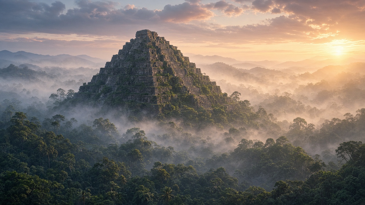 Stepped stone pyramid rising above misty jungle canopy at dawn, original AI history wallpaper