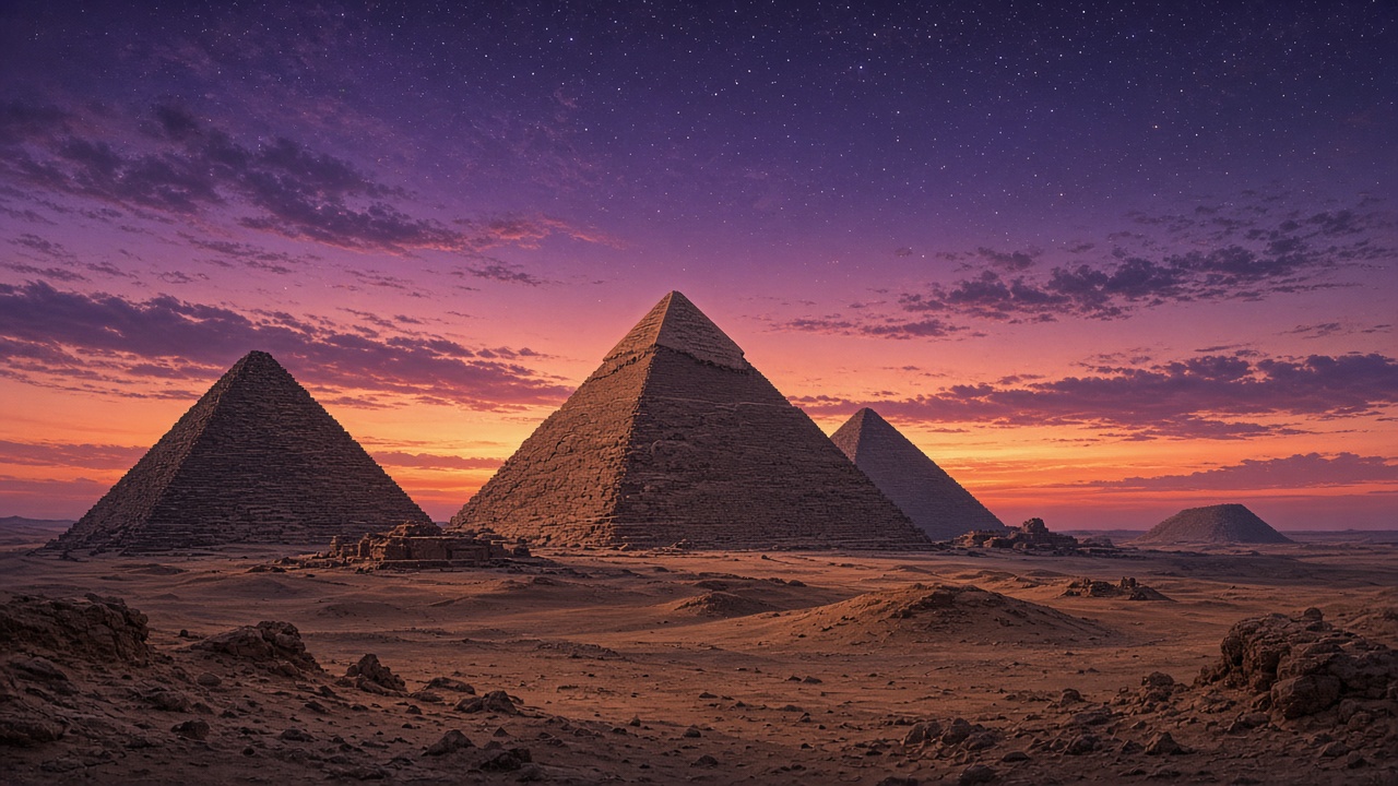 Ancient pyramids in the desert at dusk under a purple sky with the first stars, original AI history wallpaper