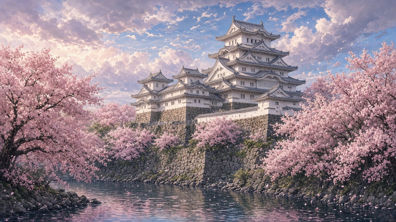 White traditional Japanese castle surrounded by pink cherry blossom trees and a moat, original AI history wallpaper