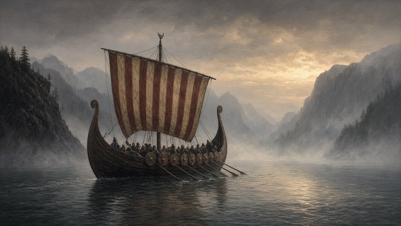 Norse longship with a plain striped sail rowing through a misty fjord at dawn, historical painting, original AI history wallpaper