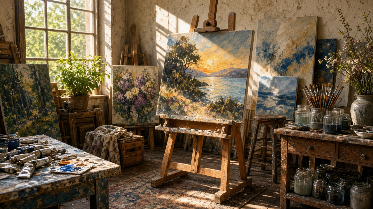 Sunlit artist studio with easel, canvases and paint tubes, creative clutter, no people, original AI hobby wallpaper