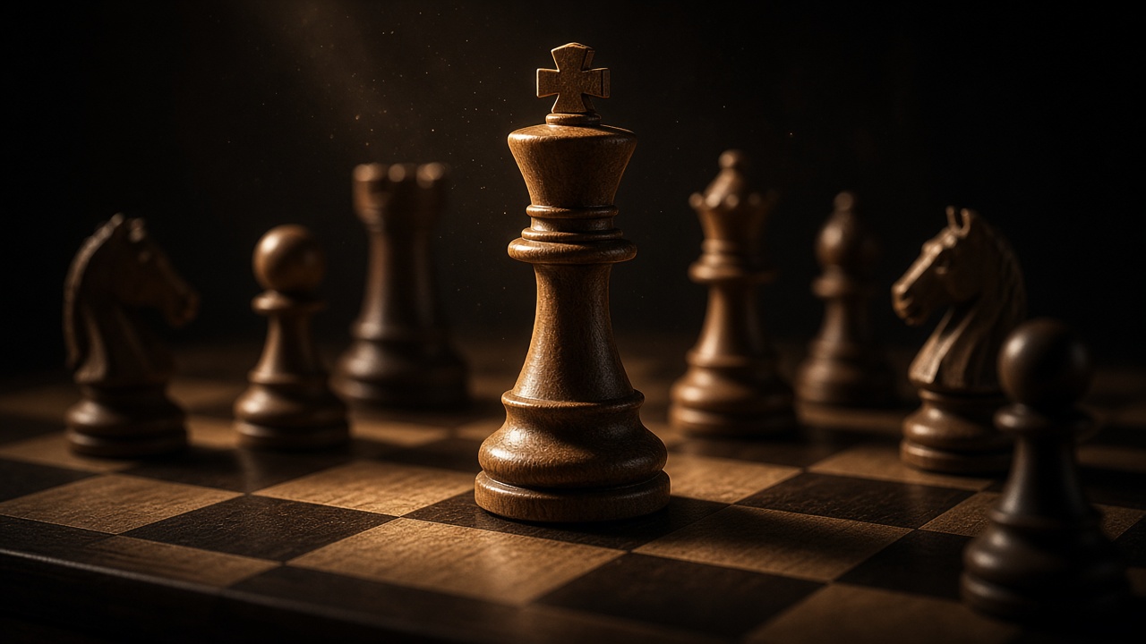 Wooden chess pieces on a board in dramatic side light, king piece in focus, original AI hobby wallpaper
