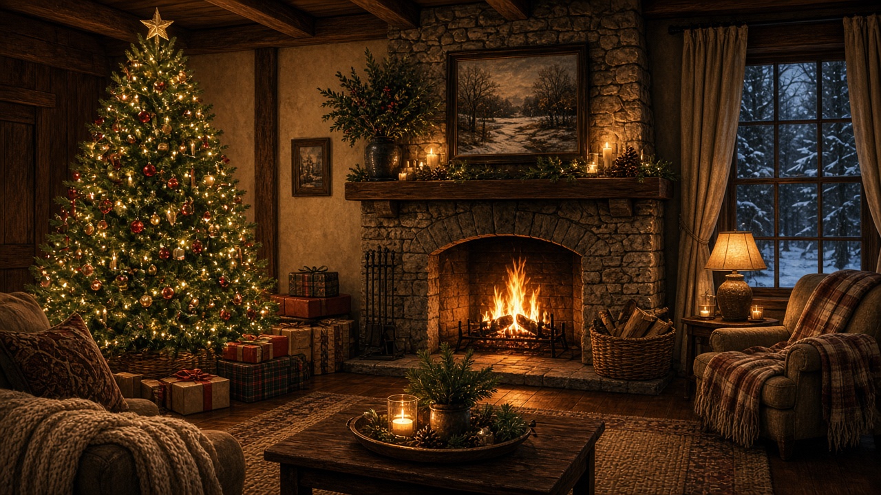 Cozy living room with a decorated Christmas tree and glowing fireplace, warm lights, no people, original AI holiday wallpaper