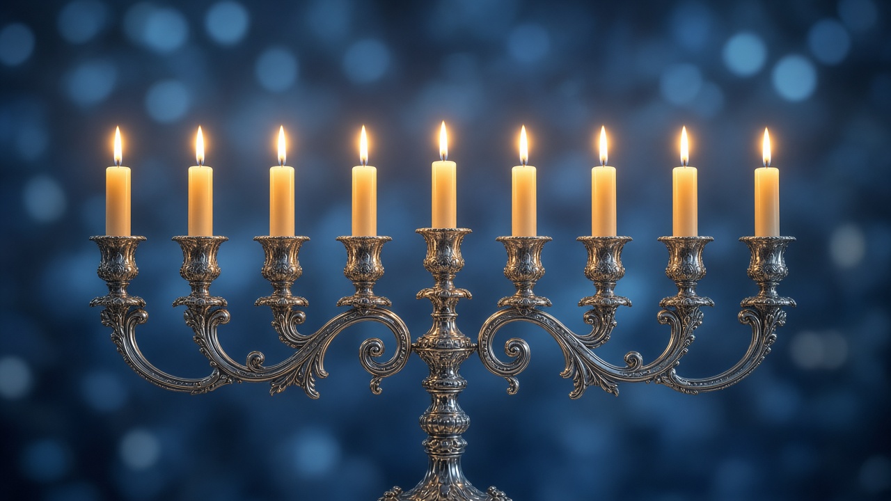 Row of nine glowing candles on a silver candelabra with soft blue bokeh background, original AI holiday wallpaper
