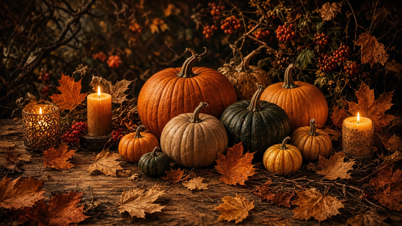 Table with pumpkins, autumn leaves and glowing candles, warm cozy harvest evening, original AI holiday wallpaper