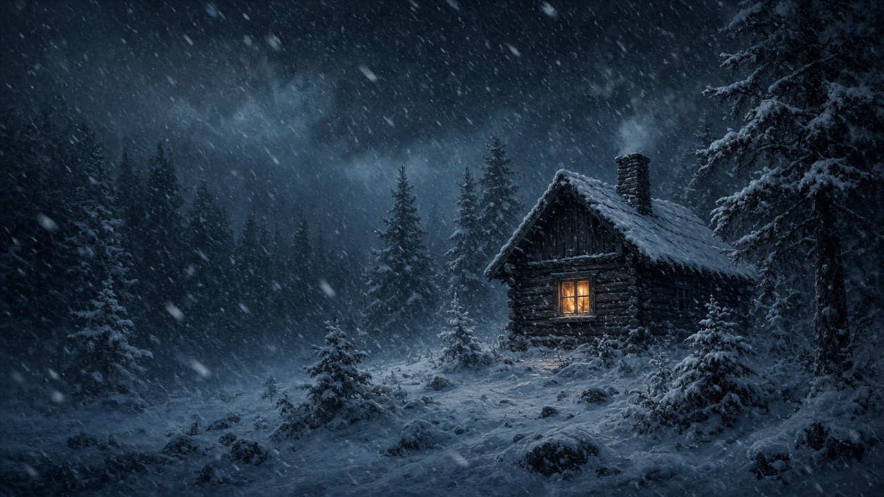 Small wooden cabin with glowing window barely visible through a heavy blizzard at night, original AI mood wallpaper