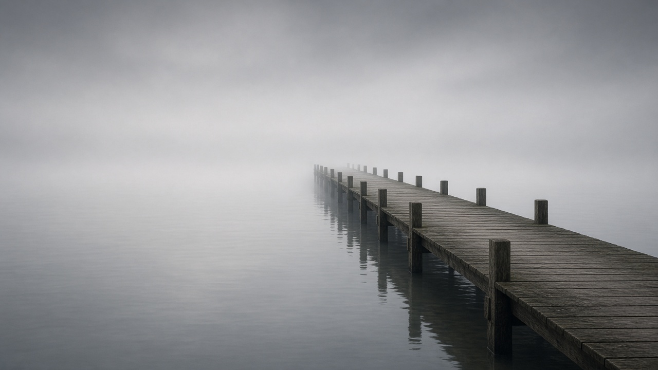 Empty wooden pier fading into thick grey fog over still water, quiet minimal mood, original AI mood wallpaper