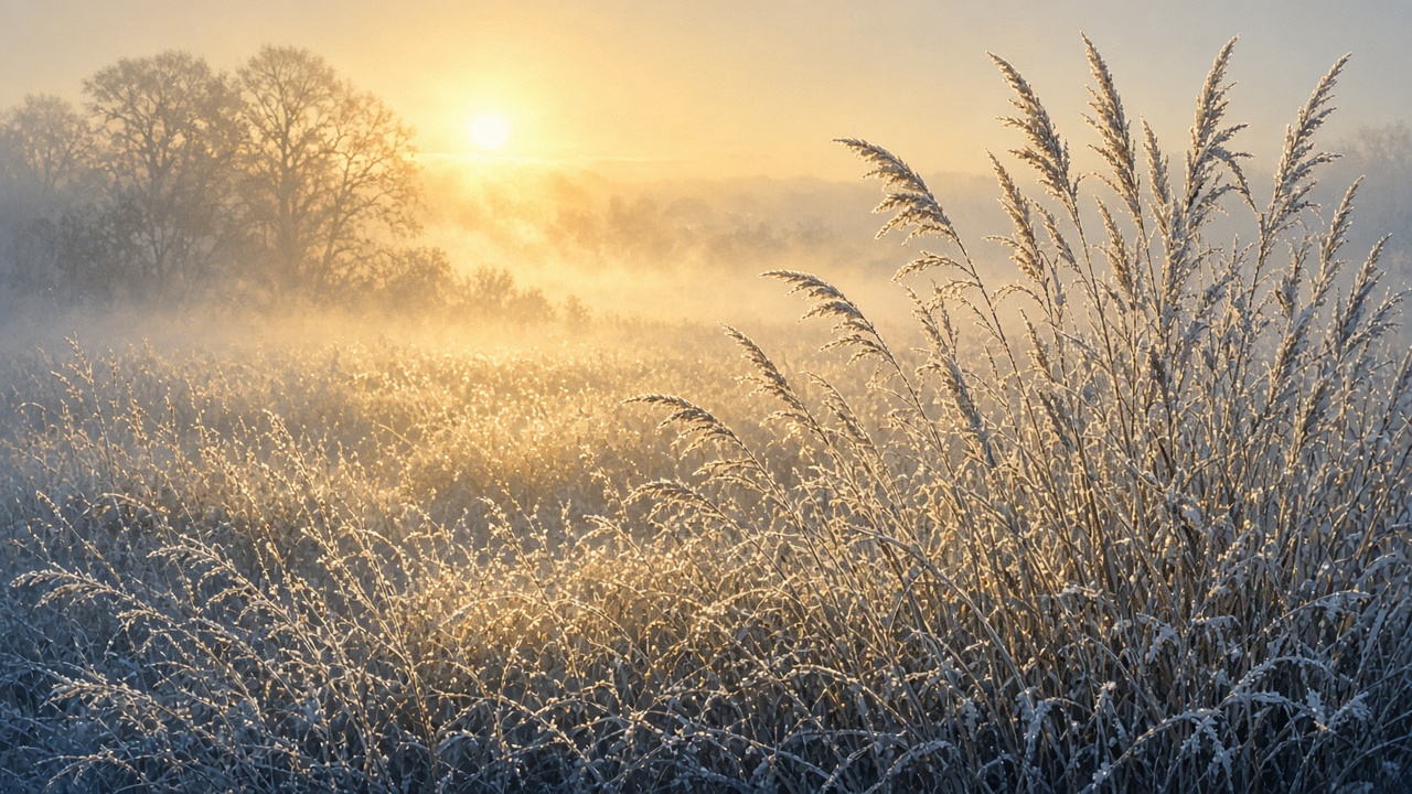 Frost-covered meadow grasses glittering in low golden morning sunlight with mist, original AI mood wallpaper