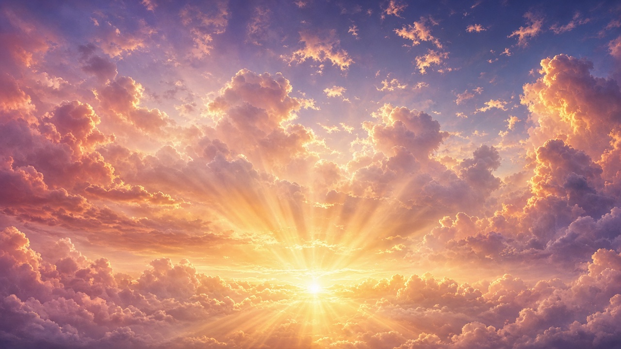 Sky full of glowing golden and pink sunset clouds with sun rays, peaceful, wide sky, original AI mood wallpaper