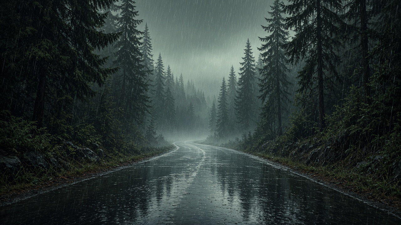 Wet empty road through dark misty forest during rain, reflections on asphalt, moody green-grey, original AI mood wallpaper