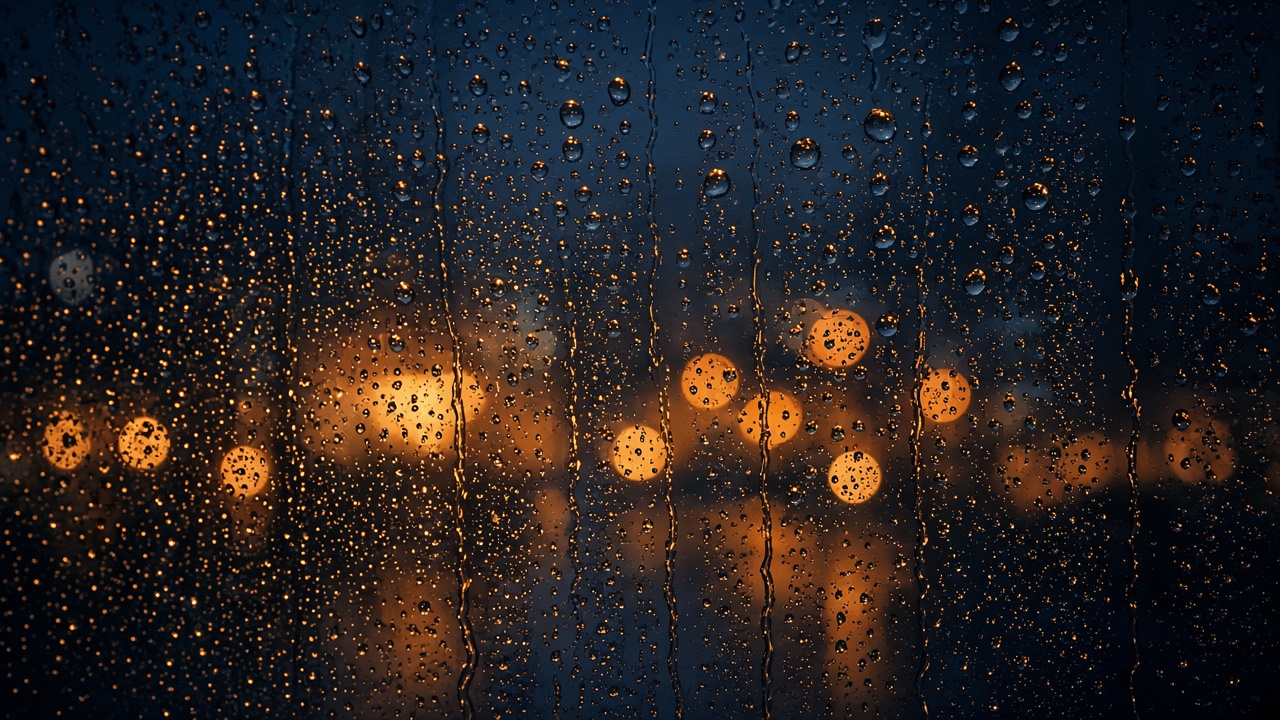 Raindrops on a window glass with blurred warm city lights at night beyond, cozy moody bokeh, original AI mood wallpaper