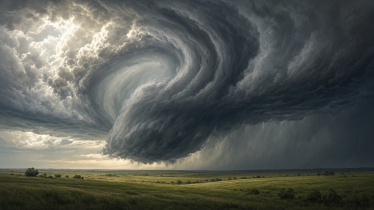 Massive rotating supercell thunderstorm cloud over flat green plains, dramatic stormy light, original AI mood wallpaper