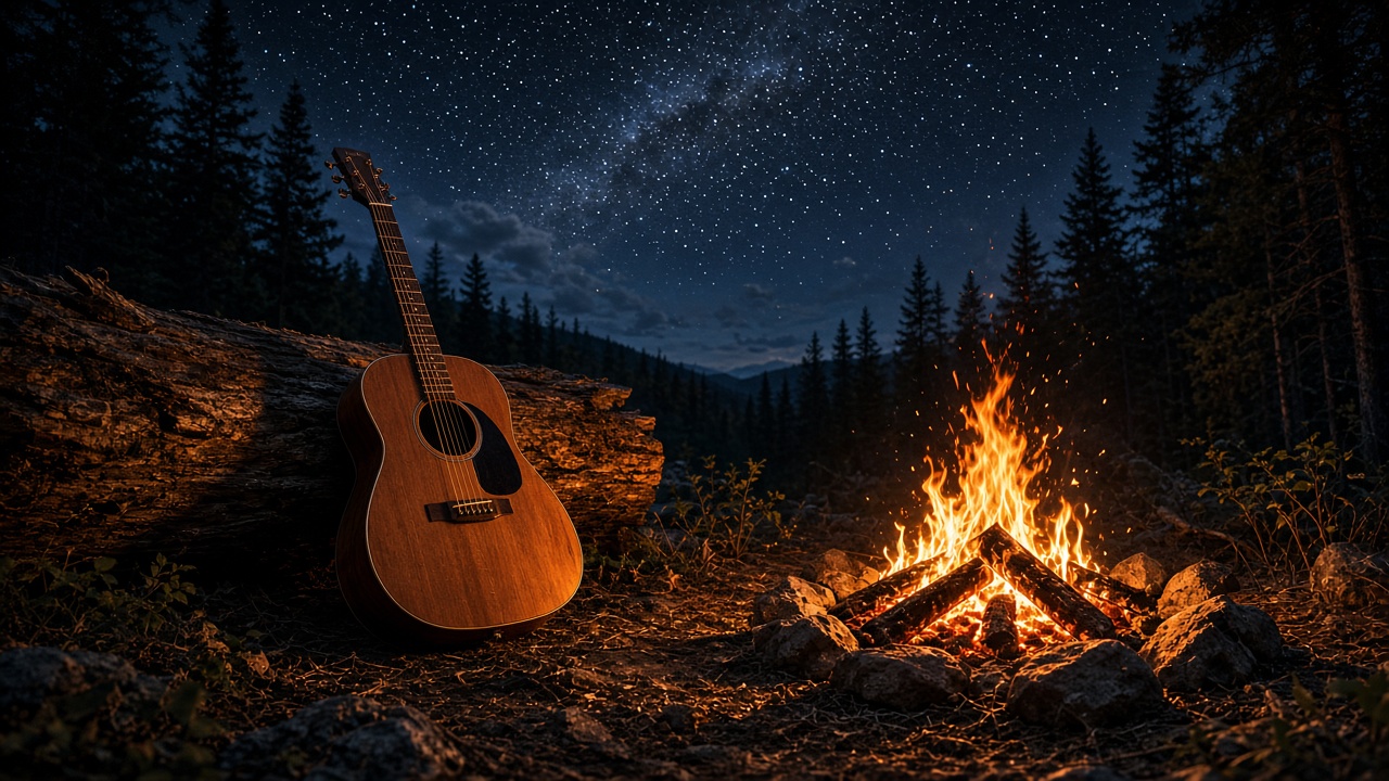 Acoustic guitar leaning against a log beside a crackling campfire under a starry sky in the woods, original AI music wallpaper