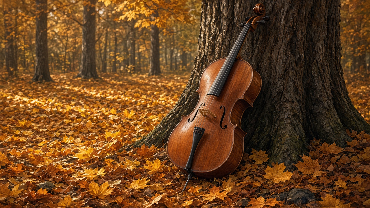 Wooden cello leaning against a tree surrounded by fallen golden autumn leaves, original AI music wallpaper