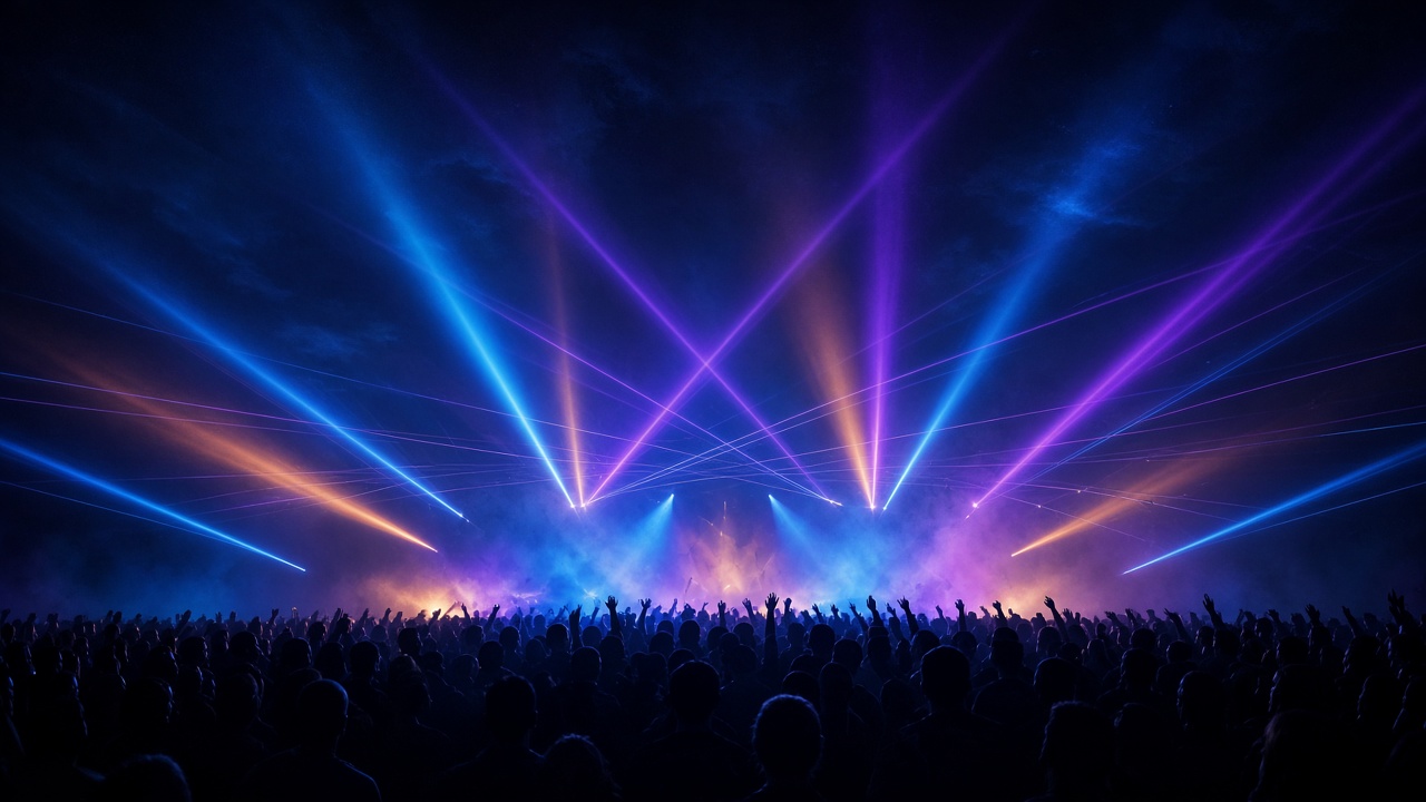 Huge concert light show with lasers over a crowd of adult silhouettes, no screens or logos, original AI music wallpaper