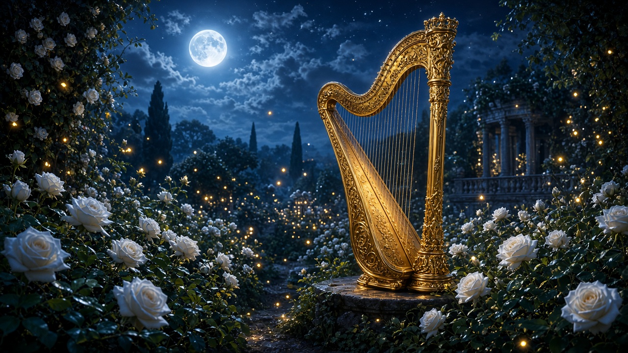 Golden harp standing in a moonlit garden among white roses and fireflies, original AI music wallpaper