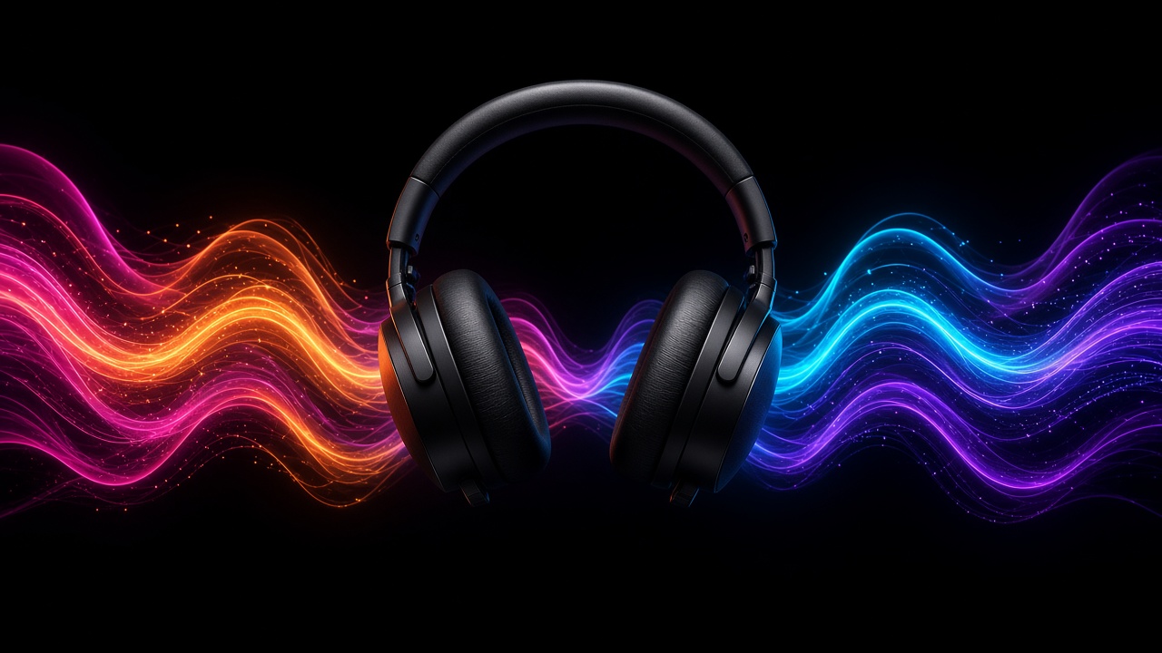 Unbranded studio headphones surrounded by glowing colorful sound wave lines, dark background, original AI music wallpaper