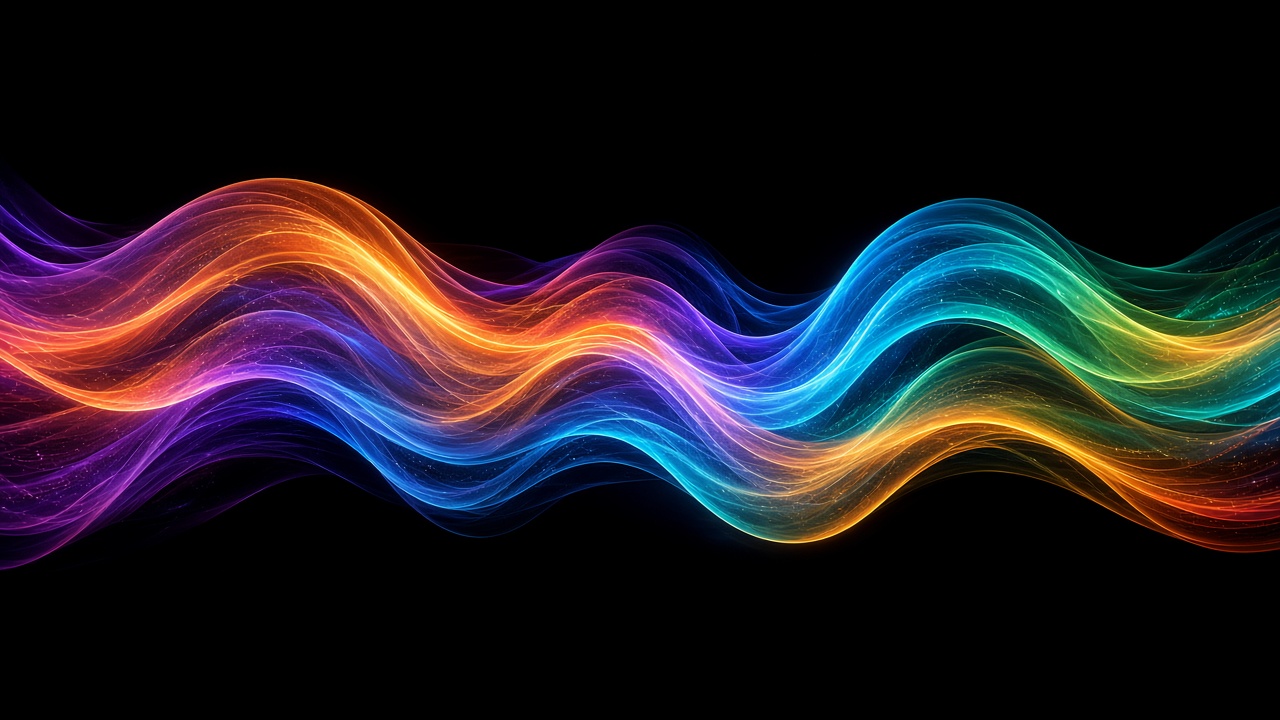 Abstract flowing ribbons of colorful light forming waveform shapes on black background, original AI music wallpaper