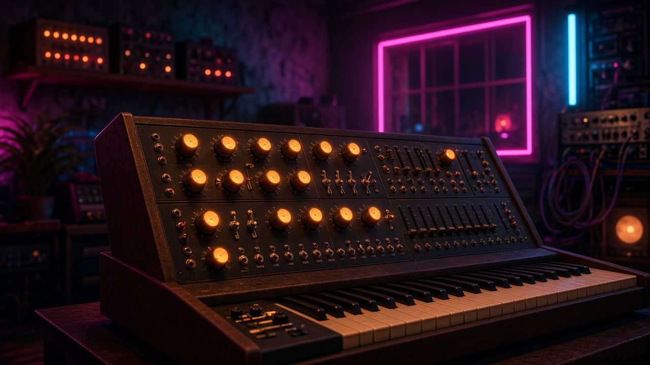 Unbranded vintage analog synthesizer with glowing knobs in a retro music studio with neon accents, original AI music wallpaper