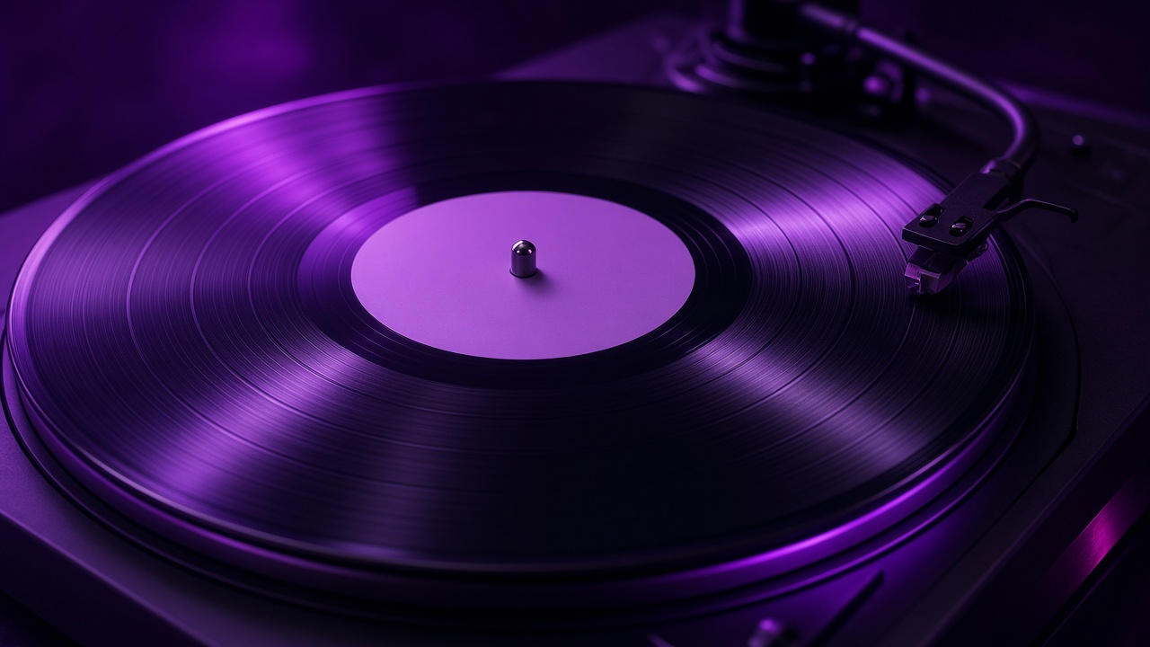 Close-up of a spinning vinyl record on a turntable with neon purple light, plain center label, original AI music wallpaper