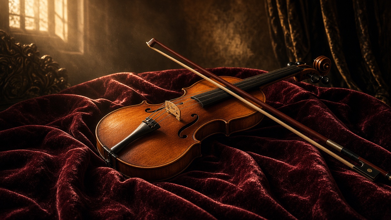 Violin and bow resting on velvet in warm window light, classical mood, no sheet music, original AI music wallpaper