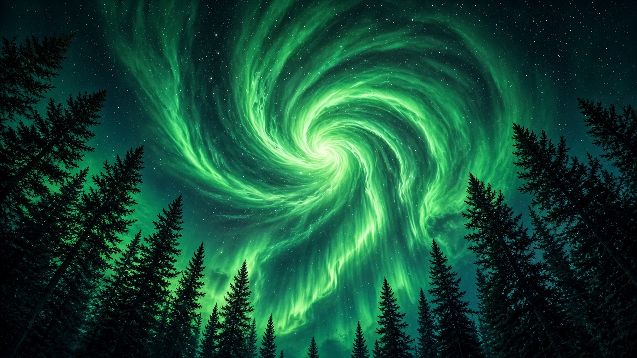 Looking straight up at a swirling green aurora corona bursting overhead, framed by tall dark pine tops, original AI nature wallpaper