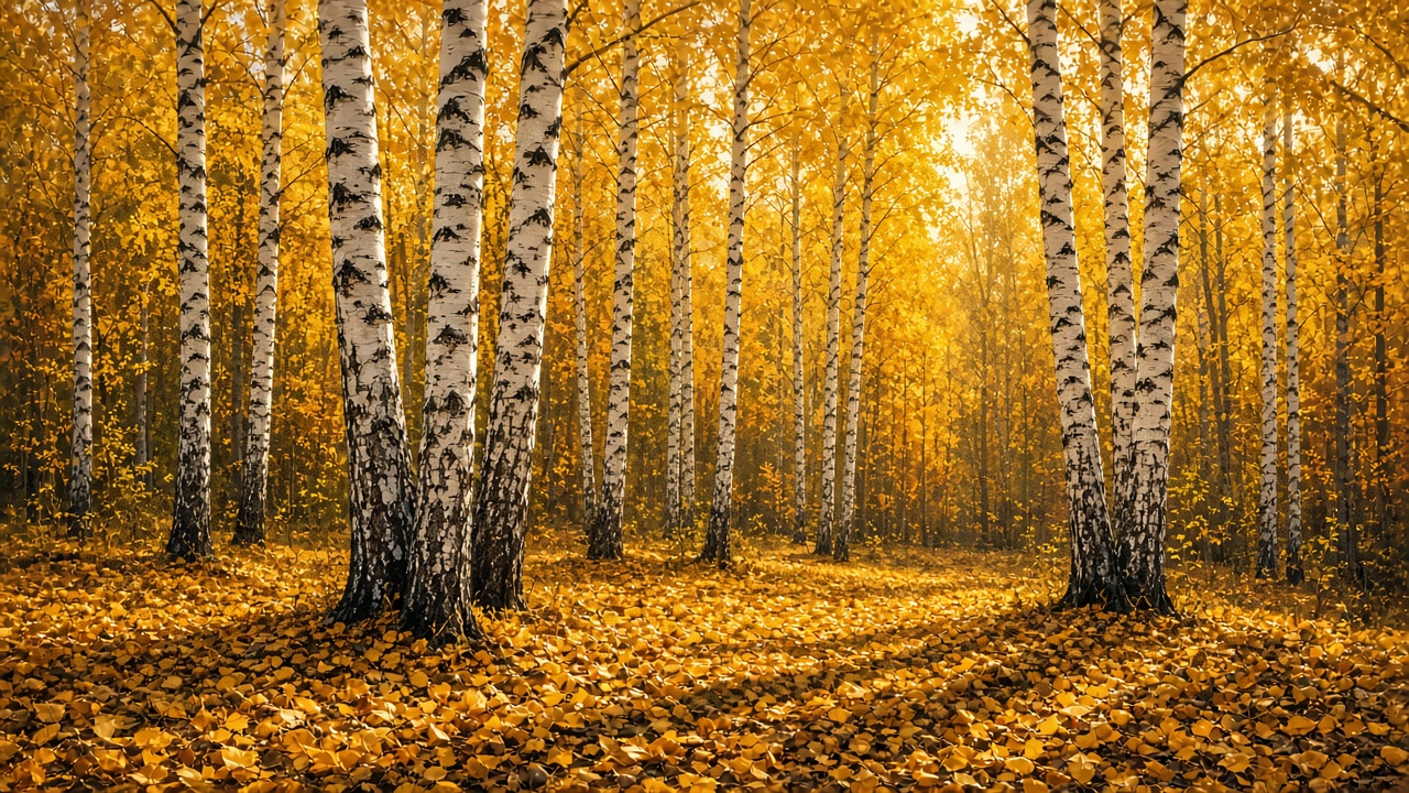White birch trunks rising from a carpet of golden fallen leaves in a glowing autumn forest, original AI nature wallpaper