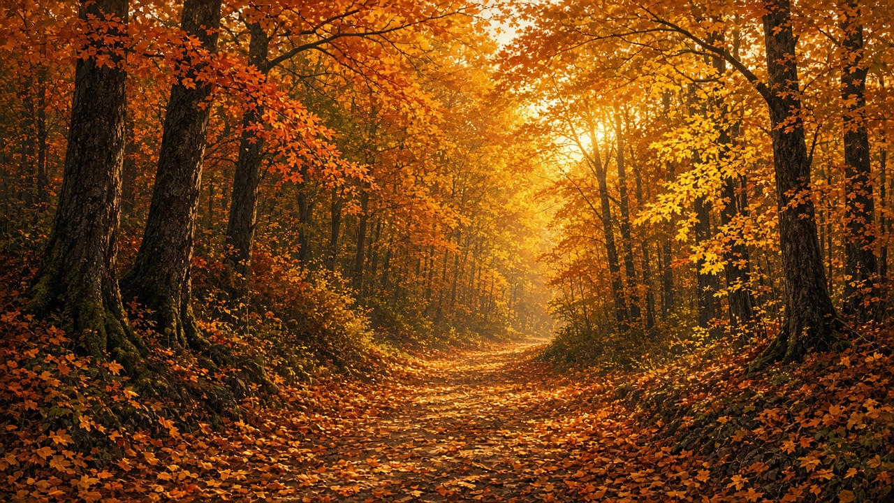 Leaf-covered path winding through a forest of orange and yellow autumn trees, warm low sunlight, original AI nature wallpaper