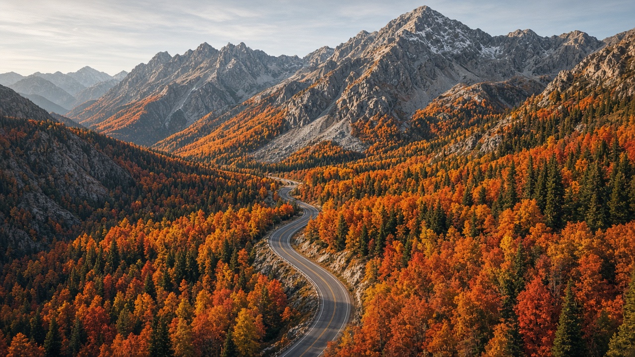 Winding empty mountain road through blazing orange and red autumn aspen forest beneath rugged grey peaks, aerial photograph, original AI nature wallpaper