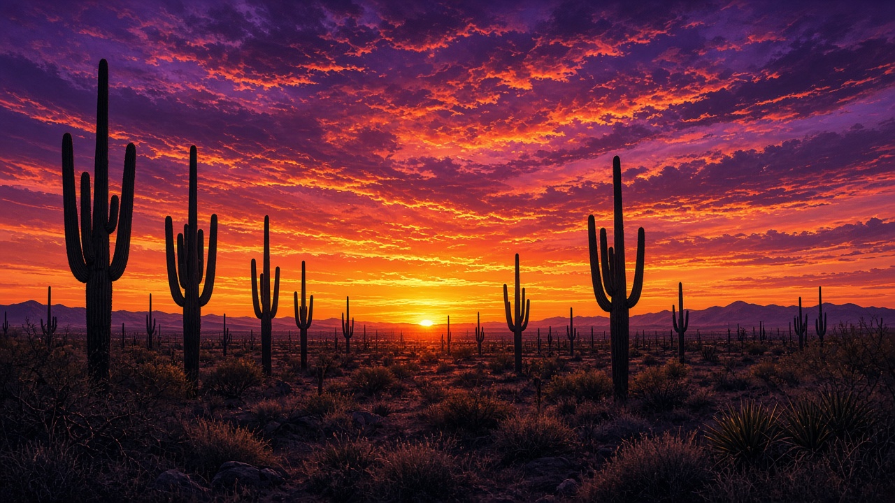 Tall saguaro cacti silhouetted against a blazing purple and orange desert sunset sky, original AI nature wallpaper