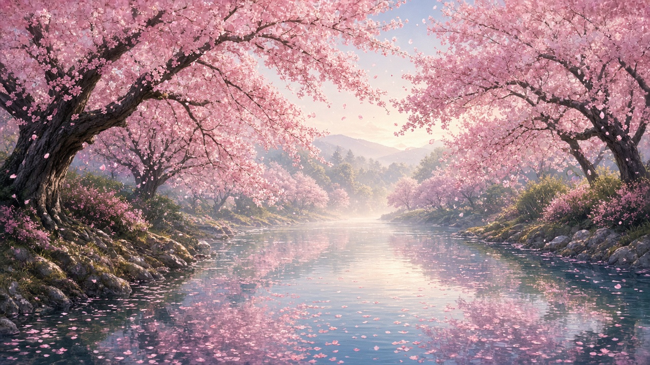 Pink cherry blossom trees arching over a calm river, petals floating on the water, soft spring light, original AI nature wallpaper