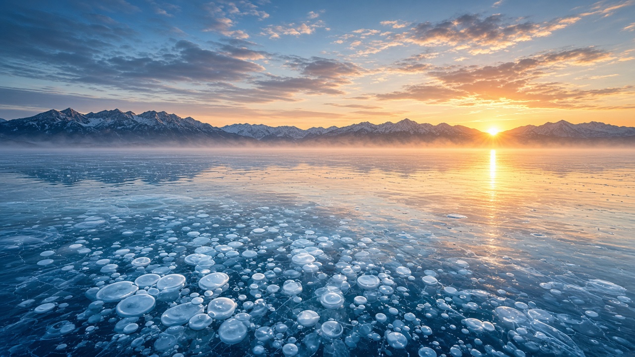 Clear frozen lake surface with trapped white ice bubbles in the foreground and mountains on the horizon at sunrise, original AI nature wallpaper