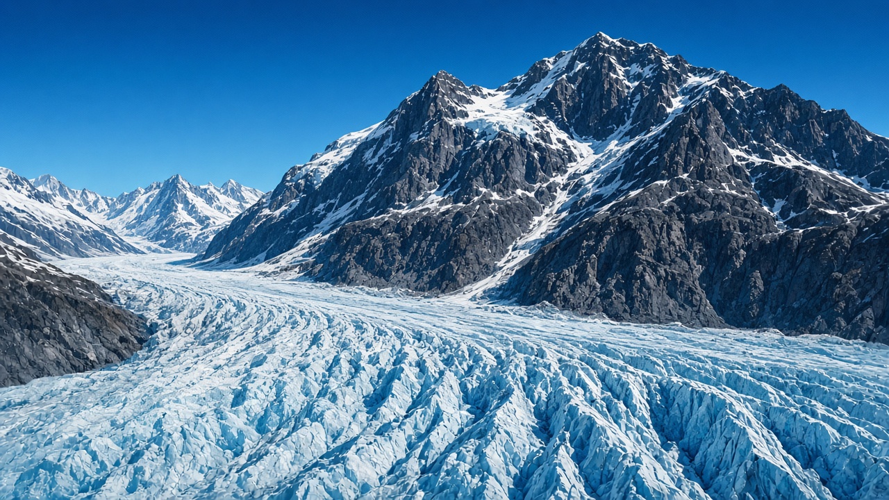 Huge blue-white glacier flowing beneath a towering dark mountain wall, crevasses, crisp clear sky, epic scale landscape, original AI nature wallpaper