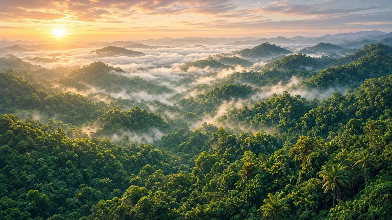 Dense tropical jungle canopy with mist rising between hills at sunrise, vibrant greens, aerial view, original AI nature wallpaper