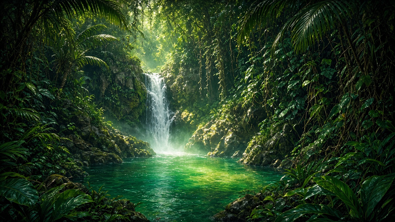 Hidden tropical waterfall pouring into an emerald jungle pool framed by palms and vines, original AI nature wallpaper