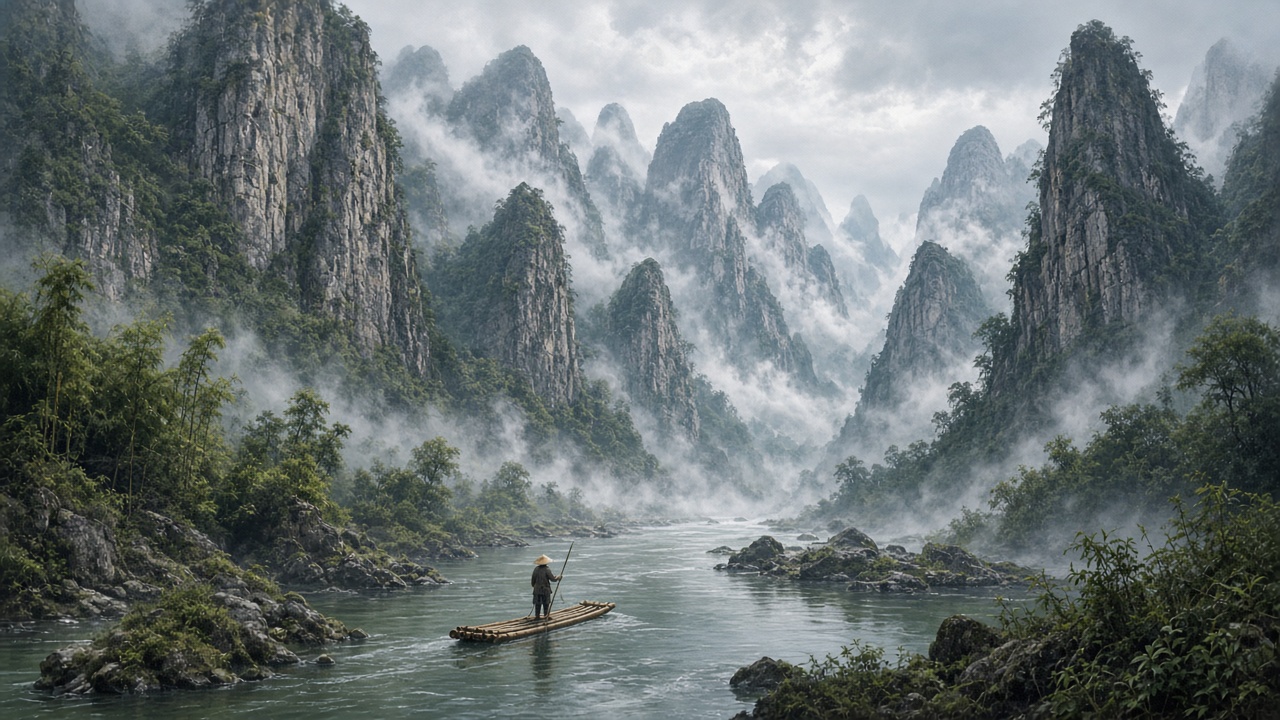 Tall limestone karst peaks rising above a winding misty river with a bamboo raft, original AI nature wallpaper