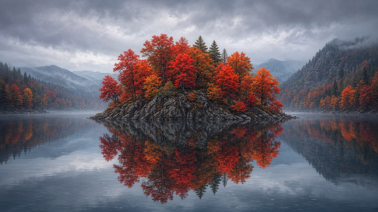Small island with fiery red and orange autumn trees in a calm dark-blue lake, reflections, overcast soft light, original AI nature wallpaper