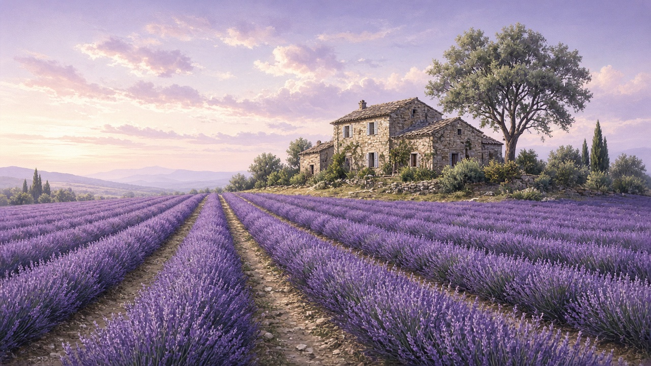 Endless purple lavender rows leading to an old stone farmhouse under a soft morning sky with a lone tree, original AI nature wallpaper