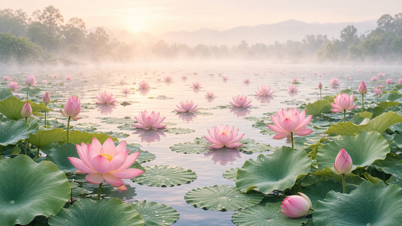 Calm lake covered with pink lotus flowers and broad green leaves, soft morning haze, gentle warm light, original AI nature wallpaper
