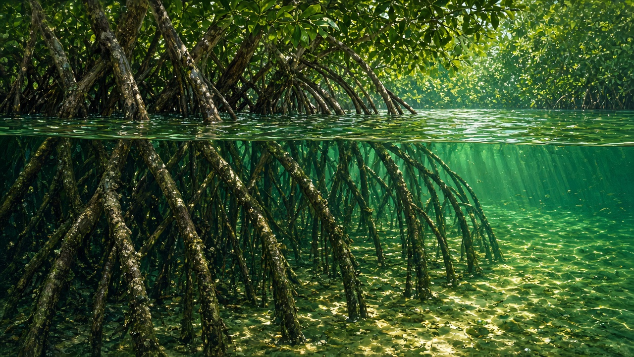 Tangled mangrove roots in crystal clear shallow green water, half underwater view, original AI nature wallpaper