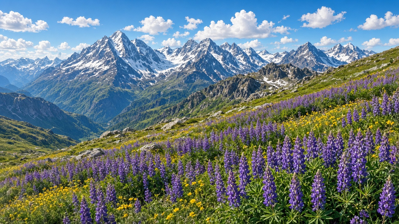 Alpine ridge covered in purple lupines and yellow wildflowers with snowy peaks behind, bright summer afternoon, original AI nature wallpaper