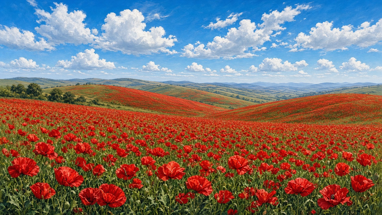 Vast field of red poppies spreading over gentle hills under a blue sky with white clouds, original AI nature wallpaper