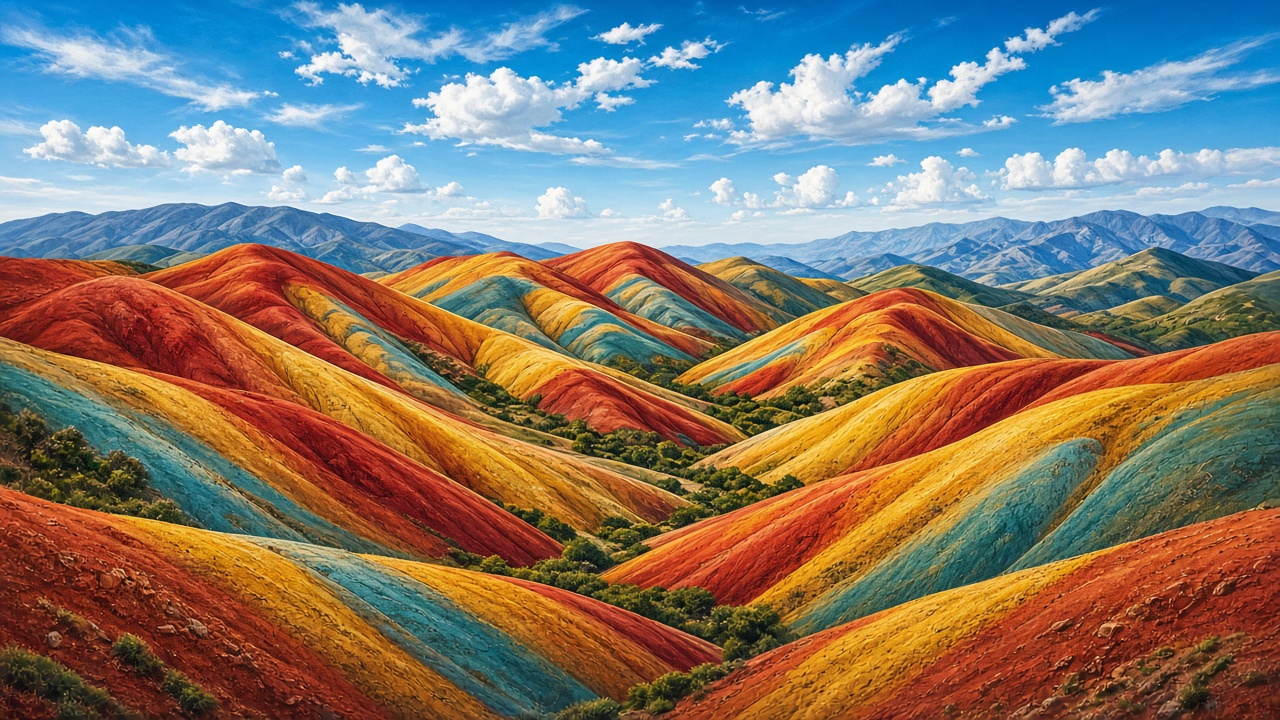 Rolling hills striped in red, orange, yellow and teal mineral bands under blue sky, original AI nature wallpaper