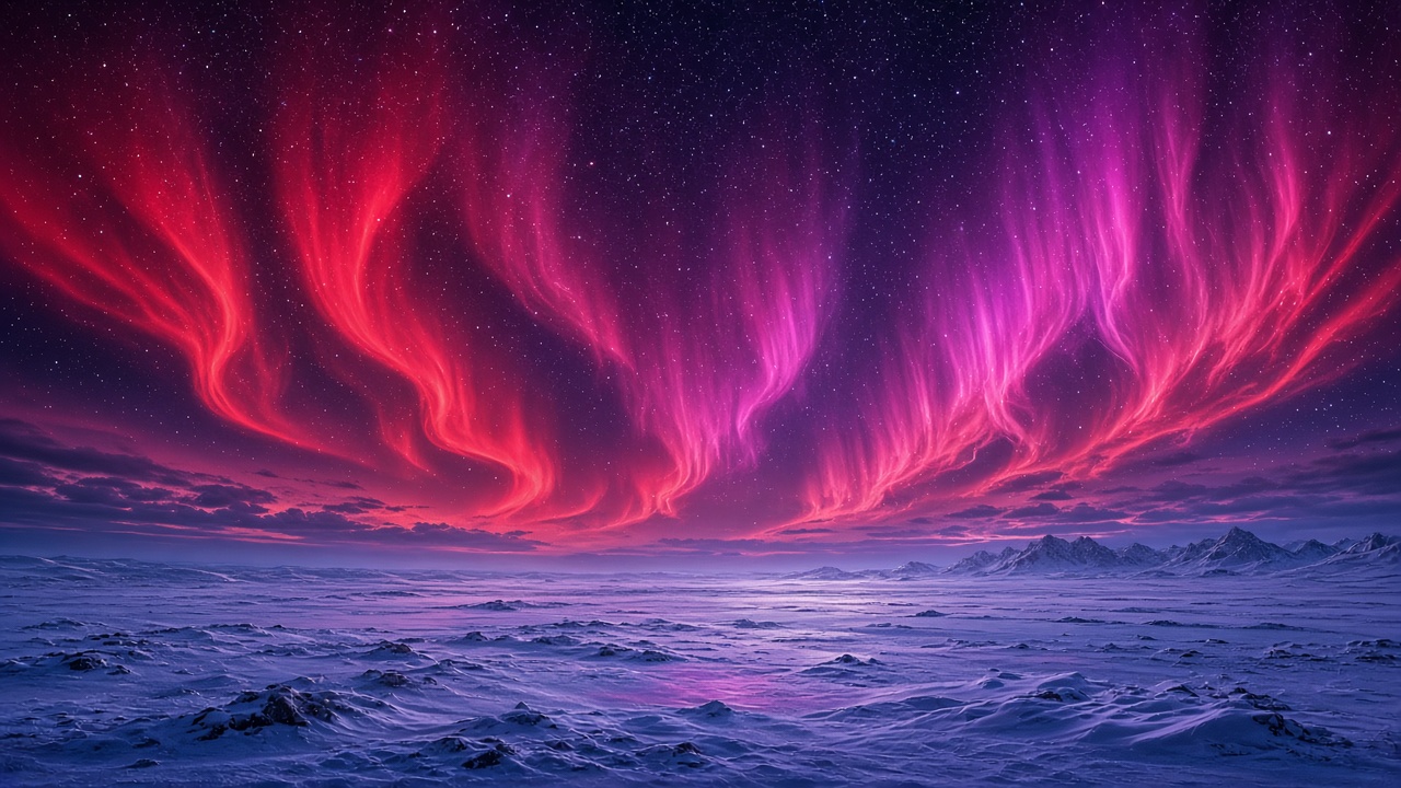 Rare crimson and magenta aurora filling the whole sky above a quiet snowy tundra, starry, wide angle, original AI nature wallpaper