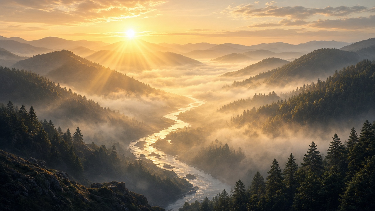 Winding river through a fog-filled valley at sunrise, sun rays over forested hills, warm light, original AI nature wallpaper