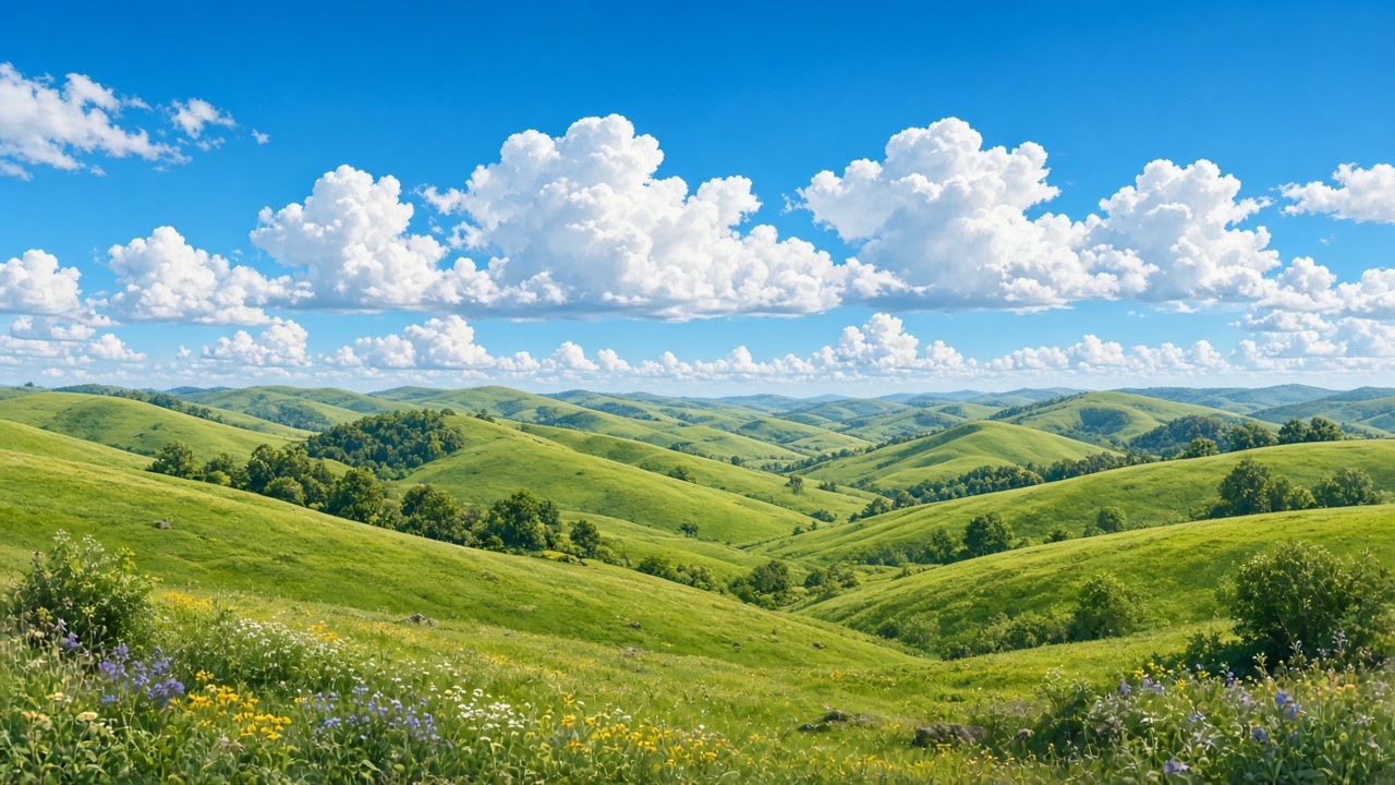 Smooth rolling green hills under big white cumulus clouds and blue sky, soft shadows, fresh spring, original AI nature wallpaper