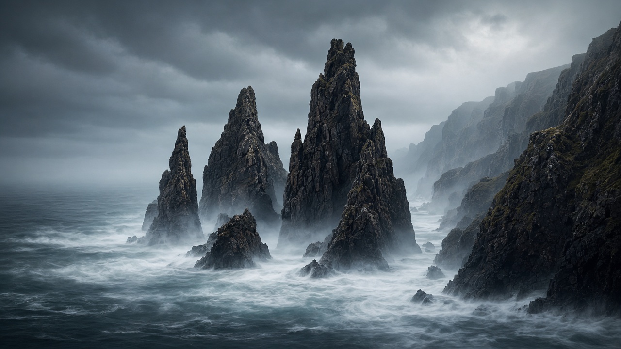 Tall dark sea stacks rising from a foamy sea along a misty rugged coastline, moody grey-blue light, long exposure, original AI nature wallpaper