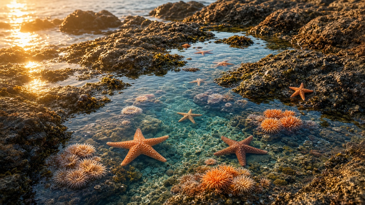 Clear tide pools with starfish and anemones on a rocky shore at golden hour, original AI nature wallpaper